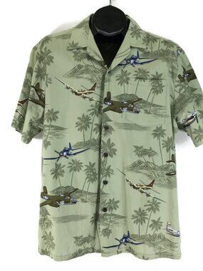 Kalaheo WWII Military Bomber Aloha Shirt Men's Medium Green Tropical Hawaiian